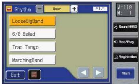 Rhythm User P.1/1 LooseBigBand 6/8 Ballad Trad Tango MarchingBand Exit -118 M: 1 Sound/KBD Rec/Play Registration Main