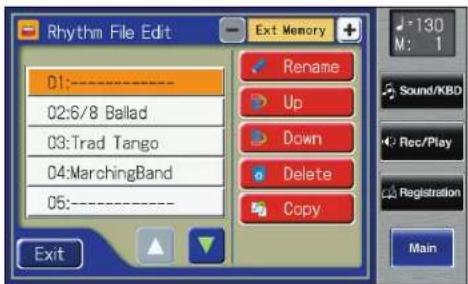 Rhythm File Edit 01:---- 02:6/8 Ballad 03:Trad Tango 04:MarchingBand 05:---- Exit Rename Up Down Delete Copy 130 M: 1 Sound/KBD Rec/Play Registration Main