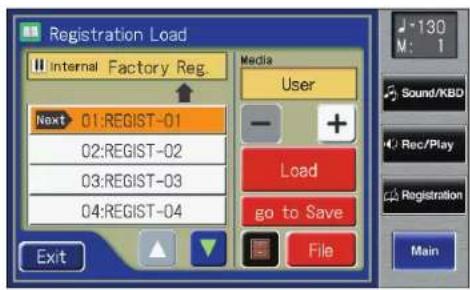 Registration Load Internal Factory Reg. Media User Next 01:REGIST-01 02:REGIST-02 03:REGIST-03 04:REGIST-04 Load go to Save Exit File 130 M: 1 Sound/KBD Rec/Play Registration Main
