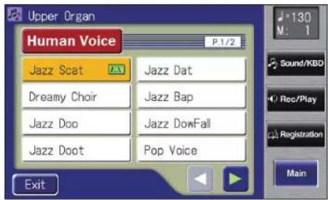 Upper Organ Human Voice P.1/2 Jazz Scat Jazz Dat Dreamy Choir Jazz Bap Jazz Doo Jazz DowFall Jazz Doot Pop Voice Exit 130 M: 1 Sound/KBD Rec/Play Registration Main