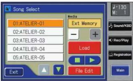 Song Select 01:ATELIER-01 02:ATELIER-02 03:ATELIER-03 04:ATELIER-04 05:ATELIER-05 Media Ext Memory - + Load - File Edit Exit M: 1 Sound/KBD Rec/Play Registration Main