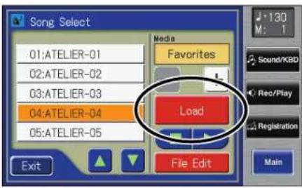 Song Select 01:ATELIER-01 02:ATELIER-02 03:ATELIER-03 04:ATELIER-04 05:ATELIER-05 Media Favorites Load File Edit Exit 130 M: 1 Sound/KBD Rec/Play Registration Main