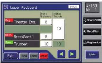 Upper Keyboard P 2/5 Org. Theater Ens. 8 10 Orch BrassSect.1 8 Solo Trumpet 10 10 Exit Pedal Lower Open 130 M: 1 Sound/KBD Rec/Play Registration Main