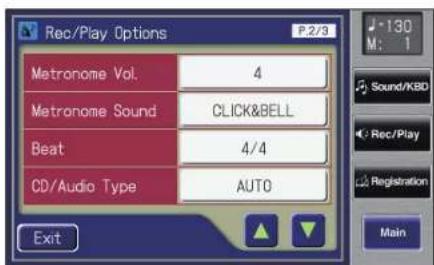 Rec/Play Options P.2/3 Metronome Vol. 4 Metronome Sound CLICK&BELL Beat 4/4 CD/Audio Type AUTO Exit