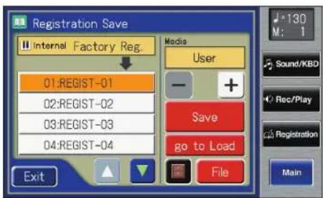 Registration Save Internal Factory Reg. Media User 01:REGIST-01 02:REGIST-02 03:REGIST-03 04:REGIST-04 Save go to Load File Exit 130 M: 1 Sound/KBD Rec/Play Registration Main