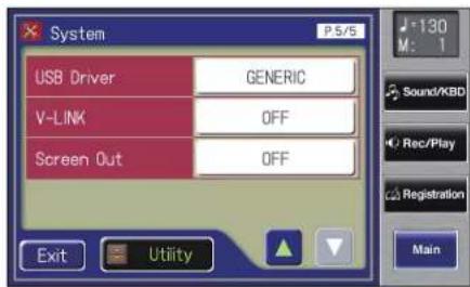 System USB Driver GENERIC V-LINK OFF Screen Out OFF Exit Utility 130 M: 1 Sound/KBD Rec/Play Registration Main