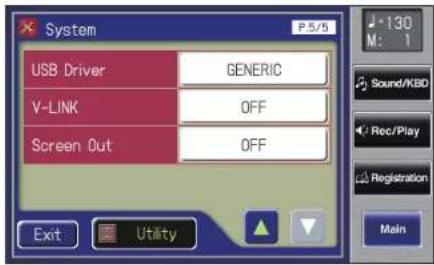 System USB Driver GENERIC V-LINK OFF Screen Out OFF Exit Utility J-130 M: 1 Sound/KBD Rec/Play Registration Main