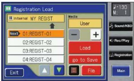 Registration Load Internal MY REGIST Next 01:REGIST-01 02:REGIST-02 03:REGIST-03 04:REGIST-04 Exit Media User Load go to Save File -130 M: 1 Sound/KBD Rec/Play Registration Main