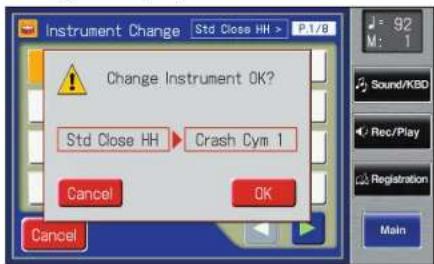 Instrument Change Std Close HH > P.1/8 Change Instrument OK? Std Close HH Crash Cym 1 Cancel OK Cancel