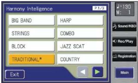 Harmony Intelligence P.1/3 BIG BAND HARP STRINGS COMBO BLOCK JAZZ SCAT TRADITIONAL* COUNTRY Exit -130 M: 1 Sound/KBD Rec/Play Registration Main