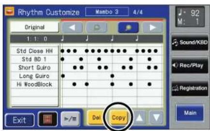 Rhythm Customize Mambo 3 4/4 Original 1 1 0 Std Close HH Std BD 1 Short Guiro Long Guiro Hi WoodBlock Exit Del Copy 92 M: 1 Sound/KBD Rec/Play Registration Main