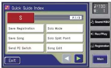 Quick Guide Index S P.1/3 Save Registration Solo Mode Save Song Solo Split Point Send PC Switch Song Edit Exit 130 M: 1 Sound/KBD Rec/Play Registration Main