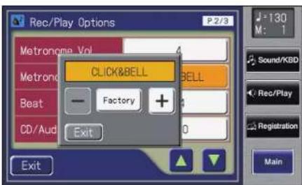 Rec/Play Options P2/3 Metronome Vol CLICK&BELL Factory + CD/Aud Exit 130 M: 1 Sound/KBD Rec/Play Registration Main