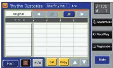 Rhythm Customize User/Rhythm 1 4/4 Original 1:1:0 Sound/KBD Rec/Play Registration Main Exit Del Copy