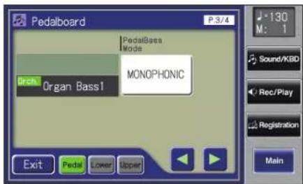 Pedalboard P 3/4 PedalBass Mode Arch Organ Bass1 MONOPHONIC -130 M: 1 Sound/KBD Rec/Play Registration Main Exit Pedal Lower Stop