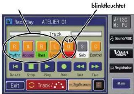blinktleuchtet ReckPlay ATELIER-01 Track R A B L U S C Rhythm Accrep Bass Lo Solo Control Reset Stop Play Rec Bad Find Exit Track/ DigitScore J= 130 M: PU Sound/KBD VISA Tunes Registration Main