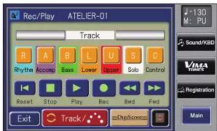 Rec/Play ATELIER-01 Track R A B L U S C Rhythm Accomp Bass Lower Upset Solo Control Reset Stop Play Rec Bed Fwd Exit Track/DipScore J-130 M: PU Sound/KBD VMA TIMES Registration Main