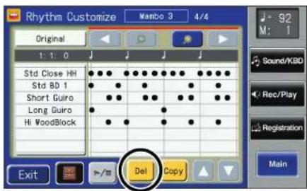 Rhythm Customize Mambo 3 4/4 Original 1:1:0 Std Close HH Std BD 1 Short Guro Long Guro Hi WoodBlock Del Copy Exit Main 92 M: 1 Sound/KBD Rec/Play Registration Main