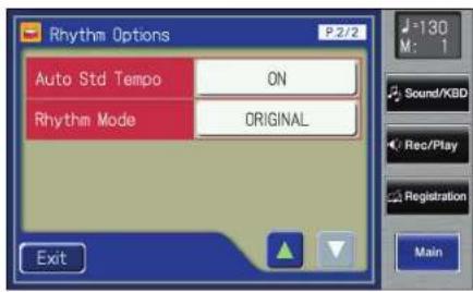 Rhythm Options P.2/2 Auto Std Tempo ON Rhythm Mode ORIGINAL Exit