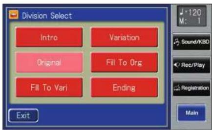 Division Select Intro Variation Original Fill To Org Fill To Vari Ending Exit -120 M: 1 Sound/KBD Rec/Play Registration Main