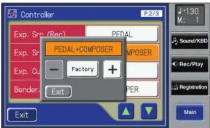 Controller P.2/3 Exp. Src (Rec) PEDAL Exp. Sr PEDAL+COMPOSER M: 1 Factory + Factory PER Bender Exit Main Sound/KBD Rec/Play Registration Exit