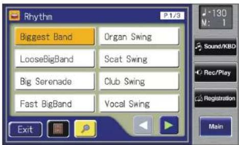 Rhythm P.1/3 Biggest Band Organ Swing LooseBigBand Scat Swing Big Serenade Club Swing Fast BigBand Vocal Swing Exit 130 M: 1 Sound/KBD Rec/Play Registration Main
