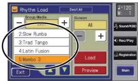 Rhythm Load Dest:All Group/Media Division All 2:Slow Rumba 3:Trad Tango 4:Latin Fusion 5:Mambo 3 Load Preview Exit 120 M: 1 Sound/KBD Rec/Play Registration Main