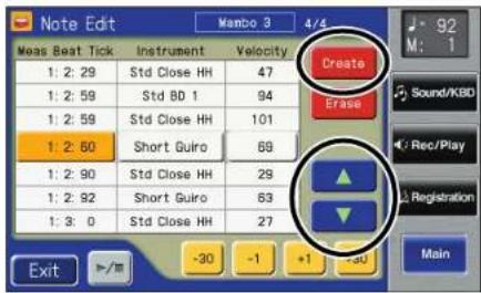 Note Edit Mambo 3 4/4 Meas Beat Tick Instrument Velocity 1: 2: 29 Std Close HH 47 1: 2: 59 Std BD 1 94 1: 2: 59 Std Close HH 101 1: 2: 60 Short Guiro 69 1: 2: 90 Std Close HH 29 1: 2: 92 Short Guiro 63 1: 3: 0 Std Close HH 27 -30 -1 +1 -30 Exit >/- -92 M: 1 Sound/KBD Rec/Play Registration Main
