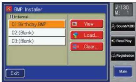 BMP Installer Internal 01:Birthday.BMP 02:(Blank) 03:(Blank) View Load... Clear... Exit M: 1 Sound/KBD Rec/Play Registration Main