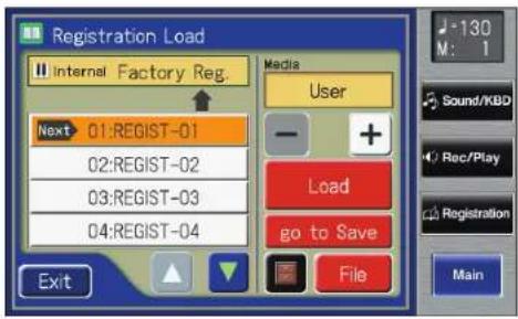 Registration Load Internal Factory Reg. Next 01:REGIST-01 02:REGIST-02 03:REGIST-03 04:REGIST-04 Media User Load go to Save Exit File 130 M: 1 Sound/KBD Rec/Play Registration Main