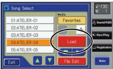 Song Select 01:ATELIER-01 02:ATELIER-02 03:ATELIER-03 04:ATELIER-04 05:ATELIER-05 Media Favorites Load File Edit Exit 130 M: 1 Sound/KBD Rec/Play Registration Main