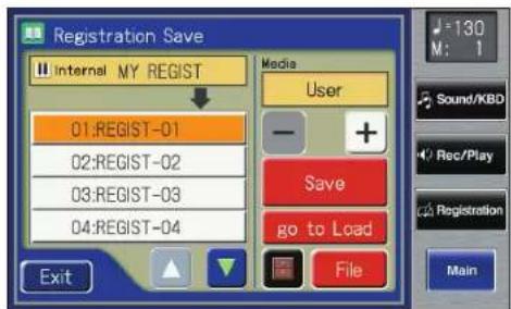 Registration Save Internal MY REGIST Media User 01:REGIST-01 02:REGIST-02 03:REGIST-03 04:REGIST-04 Save go to Load File Exit 130 M: 1 Sound/KBD Rec/Play Registration Main