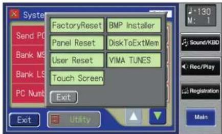 FactoryReset BMP Installer Panel Reset DiskToExtMem User Reset VIMA TUNES Touch Screen PC Numb Exit J-130 M: 1 Sound/KBD Rec/Play Registration Main Exit Utility