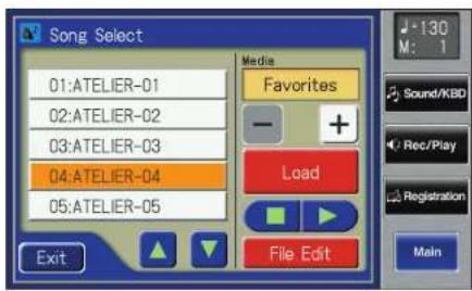 Song Select 01:ATELIER-01 02:ATELIER-02 03:ATELIER-03 04:ATELIER-04 05:ATELIER-05 Media Favorites - + Load File Edit Exit 130 M: 1 Sound/KBD Rec/Play Registration Main