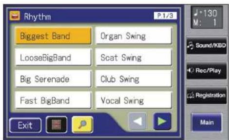 Rhythm P.1/3 Biggest Band Organ Swing LooseBigBand Scat Swing Big Serenade Club Swing Fast BigBand Vocal Swing Exit 130 M: 1 Sound/KBD Rec/Play Registration Main