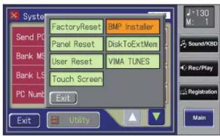 System Send PC Bank MS Bank LS PC Numb FactoryReset BMP Installer Panel Reset DiskToExtMem User Reset VIMA TUNES Touch Screen Exit Exit Utility +130 M: 1 Sound/XBD Rec/Play Registration Main