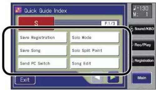 Quick Guide Index S P.1/3 Save Registration Solo Mode Save Song Solo Split Point Send PC Switch Song Edit Exit 130 M: 1 Sound/KBD Rec/Play Registration Main