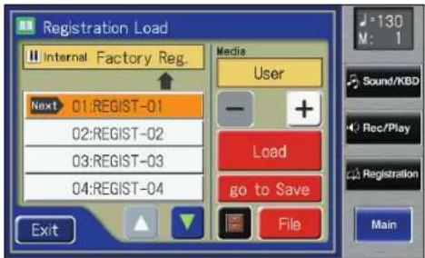 Registration Load Internal Factory Reg. Media User Next 01:REGIST-01 02:REGIST-02 03:REGIST-03 04:REGIST-04 Load go to Save Exit File 130 M: 1 Sound/KBD Rec/Play Registration Main