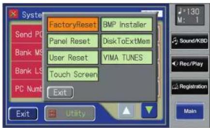 FactoryReset BMP Installer Panel Reset DiskToExtMem User Reset VIMA TUNES Touch Screen Exit Send PC Bank MS Bank LS PC Numb Exit Utility 130 M: 1 Sound/KBD Rec/Play Registration Main