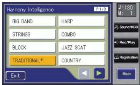 Harmony Intelligence P.1/3 BIG BAND HARP STRINGS COMBO BLOCK JAZZ SCAT TRADITIONAL* COUNTRY Exit 130 M: 1 Sound/KBD Rec/Play Registration Main