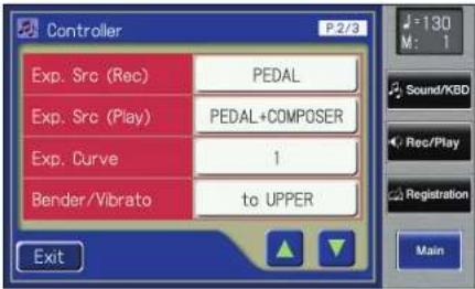 Controller P2/3 Exp. Src (Rec) PEDAL Exp. Src (Play) PEDAL+COMPOSER Exp. Curve 1 Bender/Vibrato to UPPER Exit