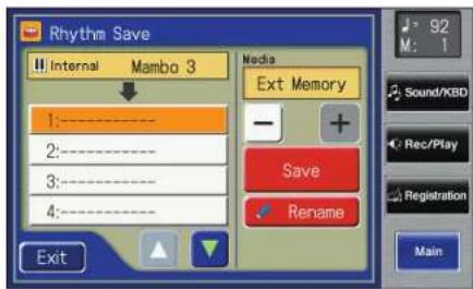 Rhythm Save Internal Mambo 3 Media Ext Memory 1:---- 2:---- 3:---- 4:---- Save Rename Exit 92 M: 1 Sound/KBD Rec/Play Registration Main