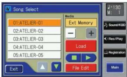 Song Select 01:ATELIER-01 02:ATELIER-02 03:ATELIER-03 04:ATELIER-04 05:ATELIER-05 Media Ext Memory - + Load File Edit Exit 130 M: 1 Sound/KBD Rec/Play Registration Main