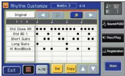 Rhythm Customize Mambo 3 4/4 Original 1:1:0 Std Close HH Std BD 1 Short Guiro Long Guiro Hi WoodBlock Exit Del Copy 92 M: 1 Sound/KBD Rec/Play Registration Main