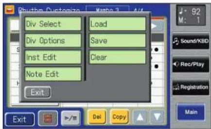 Rhythm Customize Div Select Load Div Options Save Inst Edit Clear Note Edit Exit 92 M: 1 Sound/KBD Rec/Play Registration Main
