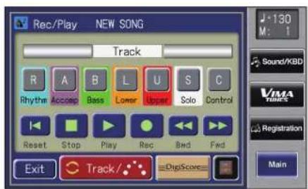 Rec/Play NEW SONG Track R A B L U S C Rhythm Accoep Bass Lower Upset Solo Control Reset Stop Play Rec Bnd Fwd Exit Track/DigiScore -130 M: 1 Sound/KBD VIMA TURBS Registration Main