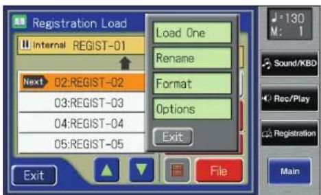 Registration Load Internal REGIST-01 Next 02:REGIST-02 03:REGIST-03 04:REGIST-04 05:REGIST-05 Load One Rename Format Options Exit File M: 1 Sound/KBD Rec/Play Registration Main