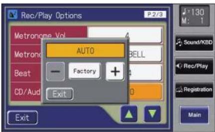 Rec/Play Options P 2/3 Metronome Vol METRONOMO AUTO BELL Factory CD/Aud Exit Exit 130 M: 1 Sound/KBD Rec/Play Registration Main