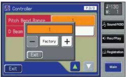Controller P3/3 Pitch Bend Range 1 D Beam - Factory + Exit Exit M: 1 Sound/KBD Rec/Play Registration Main