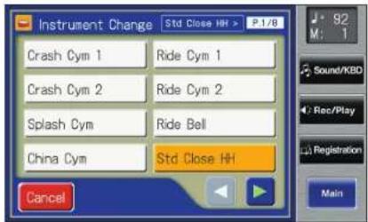 Instrument Change Std Close HH > P.1/8 Crash Cym 1 Ride Cym 1 Crash Cym 2 Ride Cym 2 Splash Cym Ride Bell China Cym Std Close HH Cancel